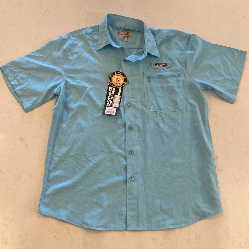 Mens Hook & Tackle Sun Protection Fishing Gear Collar Shirt Aqua Green NWT Large